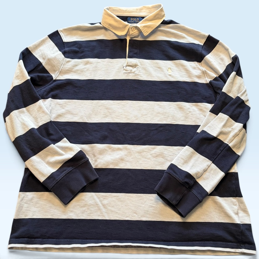 Polo Ralph Lauren Polo Shirt Mens 2XL Blue Stripe Rugby Long Sleeve Pony Logo